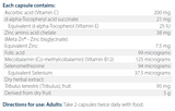 Ingredients including Ascorbic acid, Vitamin C, D-alpha-Tocopheryl acid succinate, Vitamin E, Zinc amino acid chelate, Meta Zn, Zinc Bisglycinate, Folic acid, Mecobalamin, Co-methylcobalamin, Vitamin B12, Selenomethionine, Selenium, Tribulus terrestris.