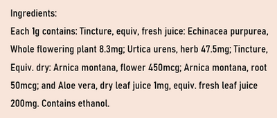 Supplement facts for Burns and Bites Cooling Gel listing ingredients including Aloe Vera, Arnica montana, Echinacea Angustifolia, Echinacea purpurea, Ethanol