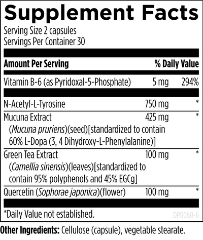 Ingredients list,
Vitamin B-6 (as Pyridoxal-5-phosphate), N-Acetyl-L-Tyrosine, Mucuna Extract, Mucna Prurens, Green Tea Extract, Cameillia Sinensis, Quercetin, Sophorae Japonia, Cellulose (capsule), Vegetable Stearate