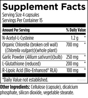 Supplement facts for Metal-X-Synergy™ listing ingredients including Allium sativum, Alpha-lipoic acid R-form, Chlorella, Chlorella Vulgaris, Garlic extract