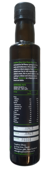Supplement facts for Extra Virgin Olive Oil (Certified) Global Awards - Picual 250ml listing ingredients including Olive Extract