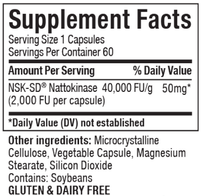 Supplement facts for Nattokinase listing ingredients including Alpha Lipoic Acid, Cellulose (vegetarian capsule), Magnesium stearate, Microcrystalline cellulose silicified, Nattokinase