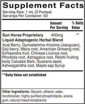Supplement facts for Ultra Energy - Liposomal listing ingredients including Acai Berry, American Ginseng, Ashwagandha, Astragalus, Catuaba Bark