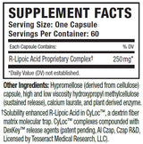 Supplement facts for RLA Pro SR™ listing ingredients including Alpha-lipoic acid R-form