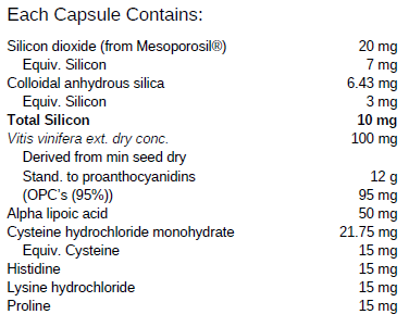 Supplement facts for Silica Advanced listing ingredients including Alpha Lipoic Acid, Collodial Anhydrous Silica, Colloidal silicon dioxide, Cysteine, Grape (Vitis vinifera)