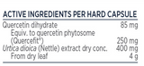 Supplement facts for Quercetin + Nettles listing ingredients including Nettle extract, Quercetin, Quercetin (Quercefit), Quercetin dihydrate, Urtica Urens