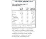 Text of the ingredients: Acacia gum powder, Bamboo fibre, guar gum, cranberry protein powder, carrot powder, chicory root inulin, apple fibre powder, glucomannan powder, flaxseed powder, psyllium husk powder, apple pectin powder, prune fruit powder.