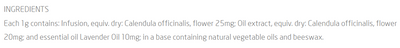 Supplement facts for Calendula Healing Cream listing ingredients including Angustifolia, Beeswax, Calendula Extract, Lavandin oil, Lavender Extract