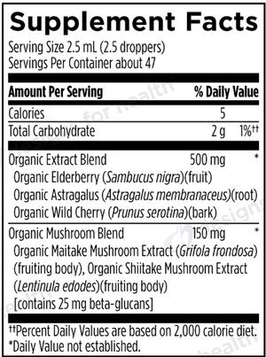Supplement facts for Organic ImmunoBerry™ Liquid listing ingredients including Astragalus, Beta-glucans, Cherry, Elderberry (Sambucus nigra), Elderberry extract