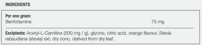 Supplement facts for Benfotiamine 120g (Extemporaneous compounding) listing ingredients including Benfotiamine, Vitamin B1