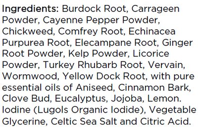 Supplement facts for Energy Elixir 250ml listing ingredients including Aniseed, Burdock extract, Cayenne Pepper, Chickweed Extract, Cinnamon