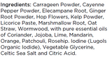 Supplement facts for Recovery Tonic listing ingredients including Althaea officinalis, Blood orange, Carrageenan, Cayenne Pepper, Citric Acid