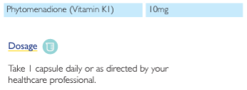 Supplement facts for Vitamin K1 10mg listing ingredients including Vitamin K, Vitamin K1 (Phytomenadione)