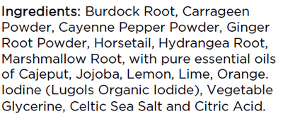 Supplement facts for Kidney Tonic listing ingredients including Althaea officinalis, Burdock extract, Cayenne Pepper, Citric Acid, Ginger
