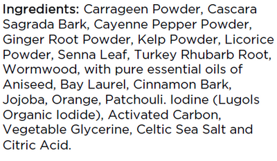 Supplement facts for Bowel Cleanse listing ingredients including Aniseed, Cayenne Pepper, Cinnamon, Citric Acid, Ginger