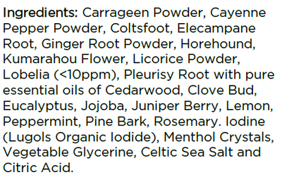 Supplement facts for Deep Lung Support listing ingredients including Cayenne Pepper, Cedarwood Oil, Citric Acid, Clove bud, Elecampane
