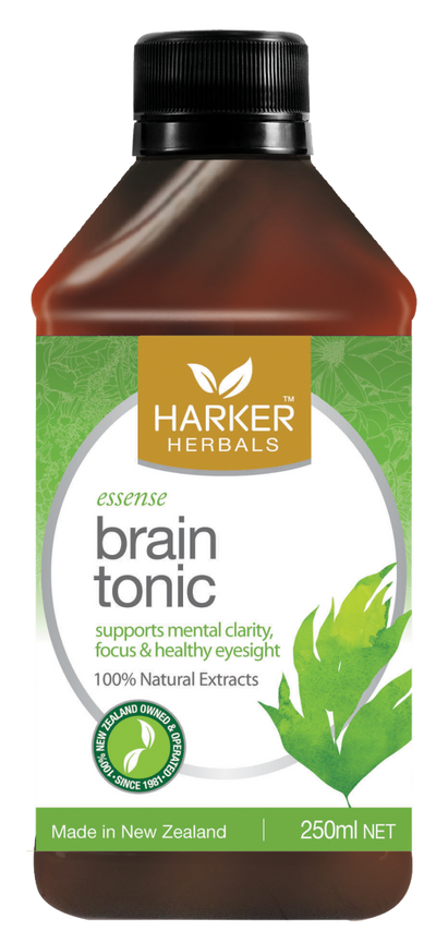 A supplement container of Brain Tonic 250ml by Harker Herbals