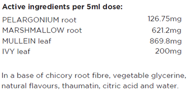 Supplement facts for Children's Chest Soothe (Day) 150ml listing ingredients including Althaea officinalis, Chicory extract, Citric Acid, Fibre, Glycine