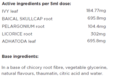 Supplement facts for Children's Deep Lung Support 150ml listing ingredients including Chicory extract, Citric Acid, Fibre, Glycine, Glycyrrhiza glabra
