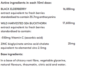 Supplement facts for Elderberry + Vitamin C + Zinc listing ingredients including Anthocyanins, Ascorbic Acid, Elderberry extract, Sea buckthorn (Hippophae rhamnoides), Vitamin A