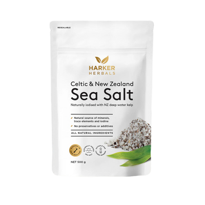 A supplement container of Celtic & New Zealand Sea Salt with Kelp 300g by Harker Herbals