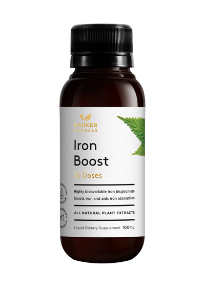 A supplement container of Iron Boost by Harker Herbals