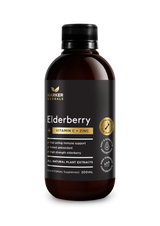 A supplement container of Vitamin C Elderberry + Zinc 200ml by Harker Herbals