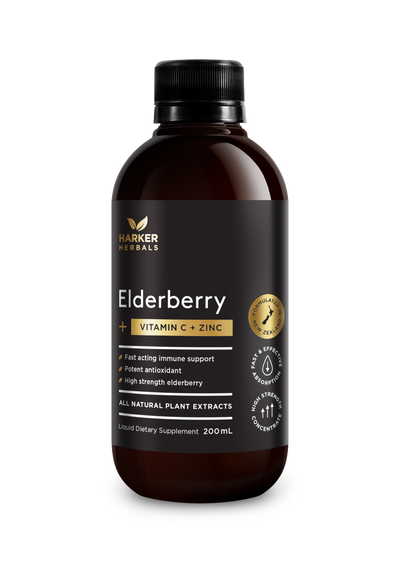 A supplement container of Vitamin C Elderberry + Zinc 200ml by Harker Herbals