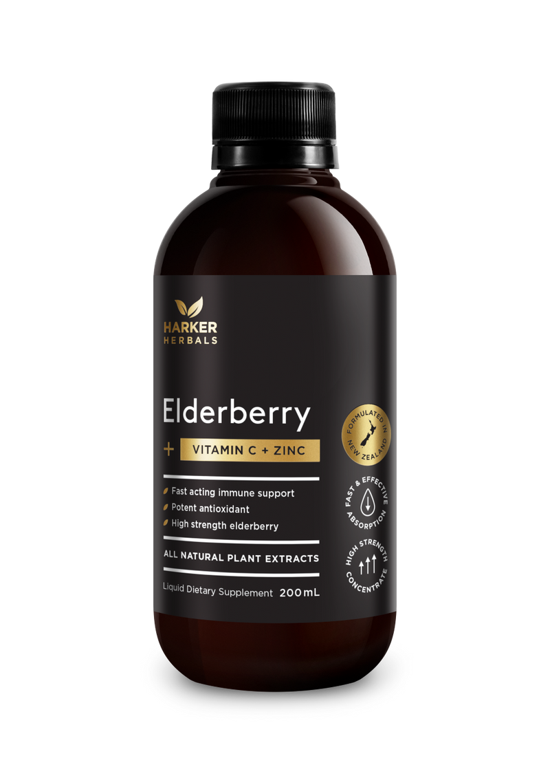 A supplement container of Vitamin C Elderberry + Zinc 200ml by Harker Herbals