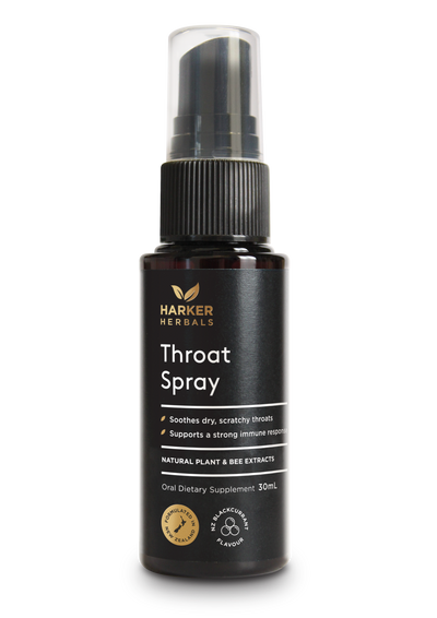 A supplement container of Throat Spray 30ml by Harker Herbals