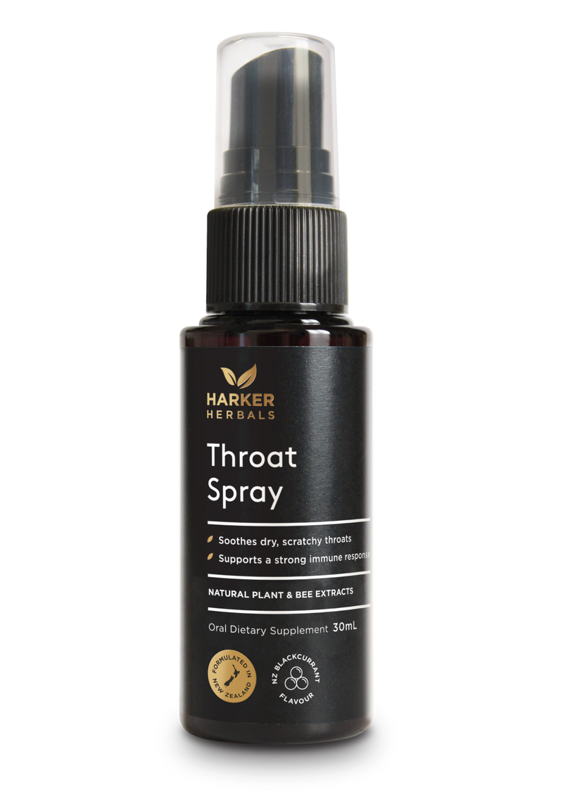 A supplement container of Throat Spray 30ml by Harker Herbals