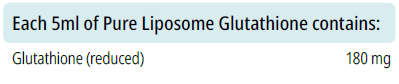 Supplement facts for Pure Liposome Glutathione 100ml listing ingredients including Glutathione