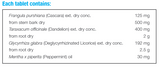 Supplement facts for EnteroLAX listing ingredients including Dandelion (Taraxacum officinale), Dandelion extract, Deglycyrrhized licorice, Glycyrrhiza glabra, Licorice
