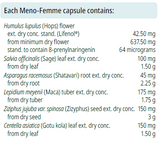 Text describing the ingredients:  Asparagus racemosus (Shatavari) root extract, Centella asiatica (Gotu Kola) leaf extract, Humulus lupulus (Hops) flower extract (Lifenol®)	,Lepidium meyenii (Maca) tuber extract, Salvia officinalis (Sage) Lleaf extract, Ziziphus jujuba var. spinosa (Sour jujube) seed extract