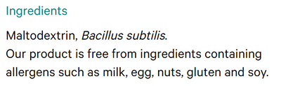 Supplement facts for Daily Peribiotic - 30x1g Sachets listing ingredients including Bacillus Subtilis, Maltodextrin resistant, Tapioca maltodextrin