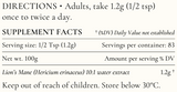 Supplement facts for Lions Mane listing ingredients including Hericium, Lion's Mane, Lion's mane