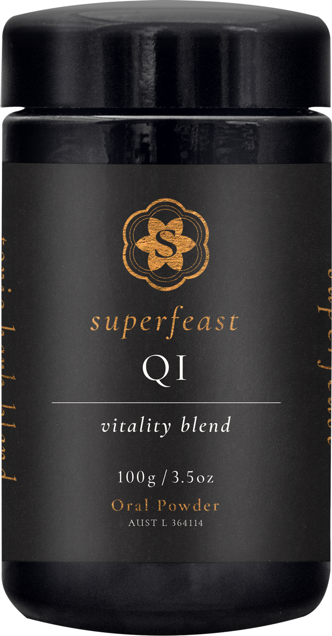 A supplement container of QI Blend by SuperFeast