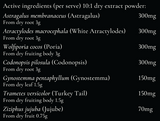 Supplement facts for QI Blend listing ingredients including Astragalus, Atractylodes, Codonopsis root, Gynostemma rhizome, Hoelen (Wolfiporia extensa)