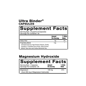 Supplement facts for Ultra Binder Combo Pack listing ingredients including Activated Charcoal, Aloe Vera, Chitosan, Magnesium, Magnesium Hydroxide