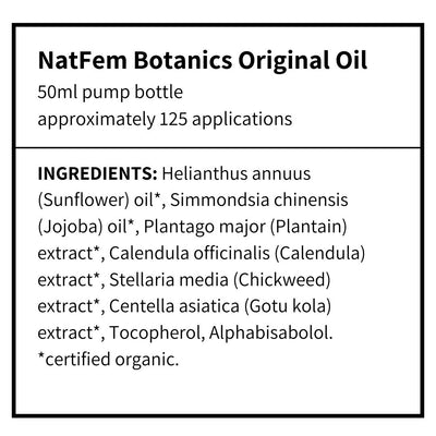 Supplement facts for Original Vaginal & Body Oil listing ingredients including Calendula Extract, Centella Asiatica Gotu Kola, Gotu Kola, Jojoba Oil, Plantago Major