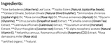 Supplement facts for Calming Facial Exfoliant 100g listing ingredients including Aloe Barbadensis, Aloe Vera, Alpha tocopheryl, Apricot Kernel Oil, Apricot Oil