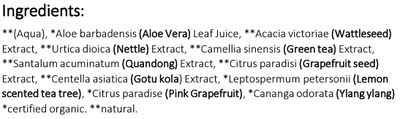 Supplement facts for Oil Purifying Treatment Toner 125ml listing ingredients including Acacia, Aloe Barbadensis, Aloe Vera, Camellia sinensis, Camellia sinensis Green Tea