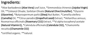 Supplement facts for Calming Jojoba Moisturiser 250ml listing ingredients including Aloe Barbadensis, Aloe Vera, Alpha tocopheryl, Calendula Extract, Cetearyl Olivate