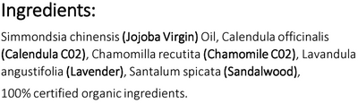 Supplement facts for Calming Treatment Serum 100ml listing ingredients including Angustifolia, Calendula Extract, Chamomile, Jojoba Oil, Lavender Extract