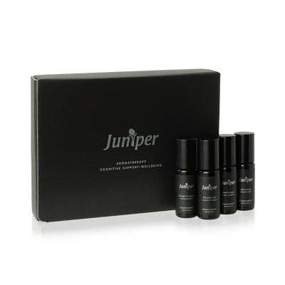 A supplement container of Aromatherapy Cognitive Support + Wellbeing Collection 4x10ml by Juniper