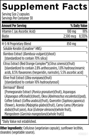 Supplement facts for H-S-N Radiance™ listing ingredients including Acai Berry, Acerola extract, Anthocyanins, Ascorbic Acid, Asparagus