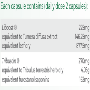 Ingredients: Liboost equivalent to Turnera diffusa extract equi leaf dry, Tribuscin equi to tribulus terrstris herb dry equi furostanol saponins.