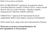 Supplement facts for GutBiome Balance 130g listing ingredients including Bacillus Subtilis, Chicory extract, Fibre, Inulin, Monk Fruit Extract