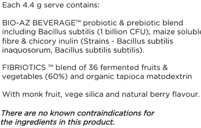 Supplement facts for GutBiome Balance 130g listing ingredients including Bacillus Subtilis, Chicory extract, Fibre, Inulin, Monk Fruit Extract