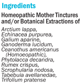 Supplement facts for hbB (Blood & Lymph) 50ml listing ingredients including Arctium Lappa, Echinacea purpurea, Ganoderma Lucidum, Reishi